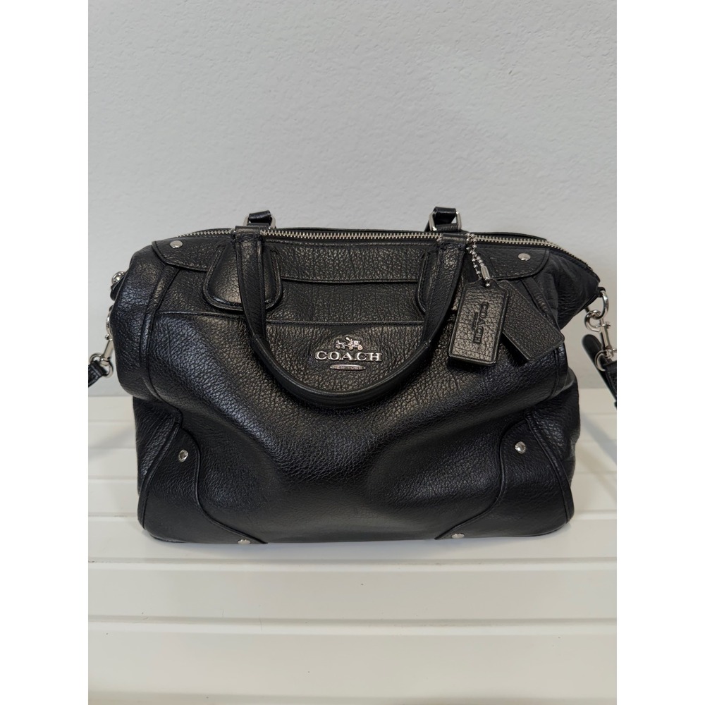 Coach Mickie Satchel Black Pebbled Leather Crossbody Bag Silver Hardware Handbag